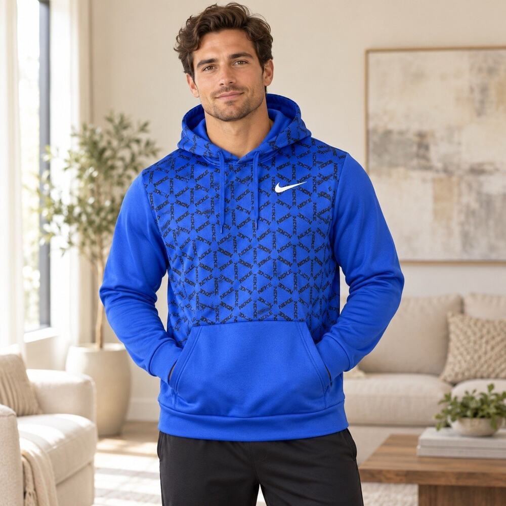 Nike Therma-FIT Men’s Pullover Hoodie Large Royal Blue Allover Print NWOT